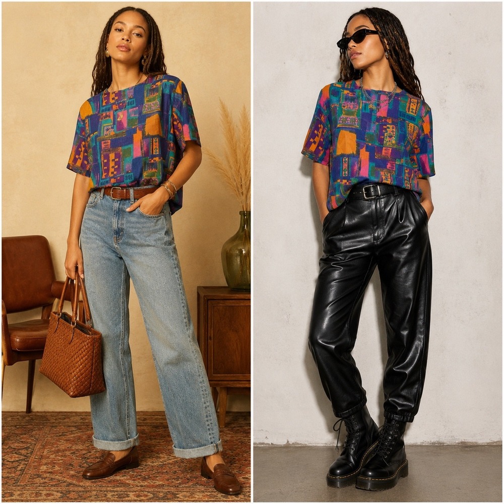 XL 110 Vintage 80s/90s Abstract Geometric Colorblock Blouse Top Made in USA